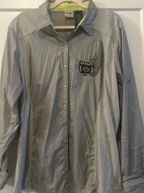 Harley-Davidson Women's Grey Pinstripe & Lime Snap-Front Shirt